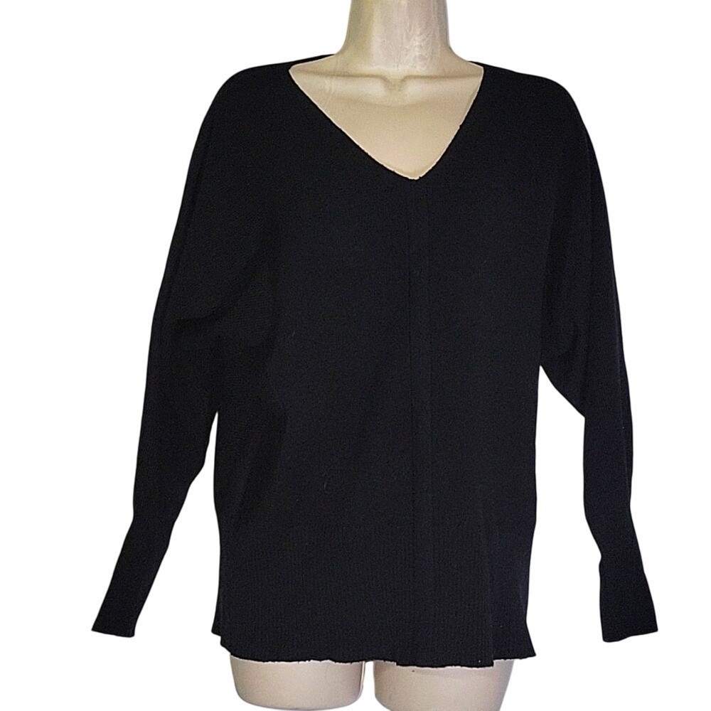 ATHLEISURE BY SIONI‎ V-Neck Knit Sweater Long Sleeve Pullover Relaxed Fit Black